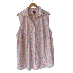 Talbots Plus Perfect Shirt Sleeveless 24W Floral Garden Pink Button Front Collar